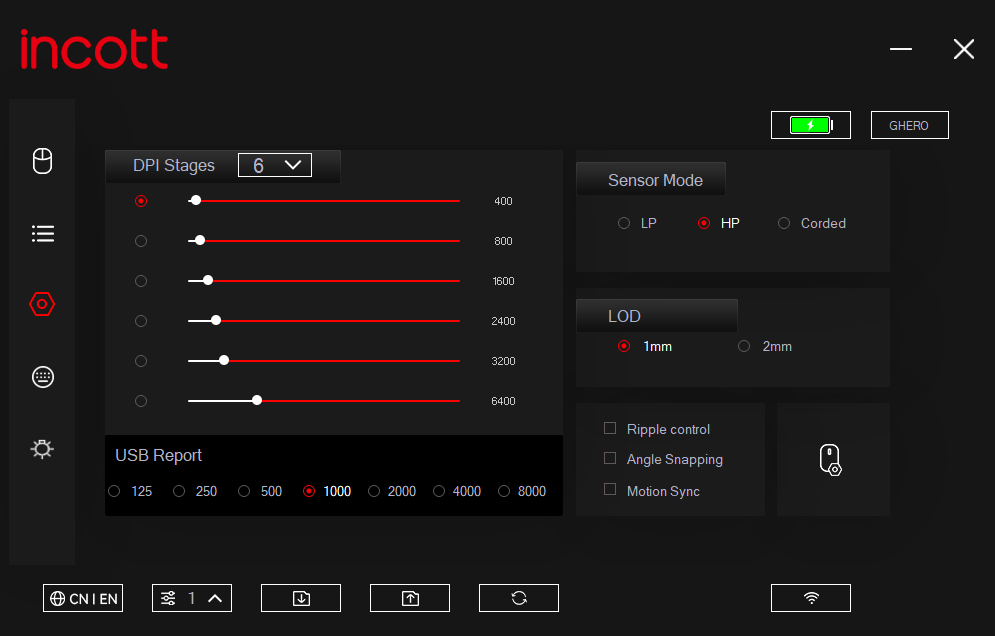 Incott GHERO software for configuring DPI, sensor mode, LOD, ripple control, angle snapping and motion sync